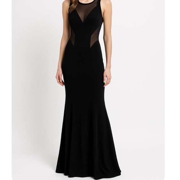 Betsy & Adam Elegant Black evening Gown mermaid style stretch mesh panels SZ 4